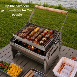 Portable 360° Rotatable Alloy Steel BBQ Grill w/ Flip Basket | Detachable Smoker for Outdoor Camping & Backyard,Dimensions: 15.6" × 15.4" × 11"