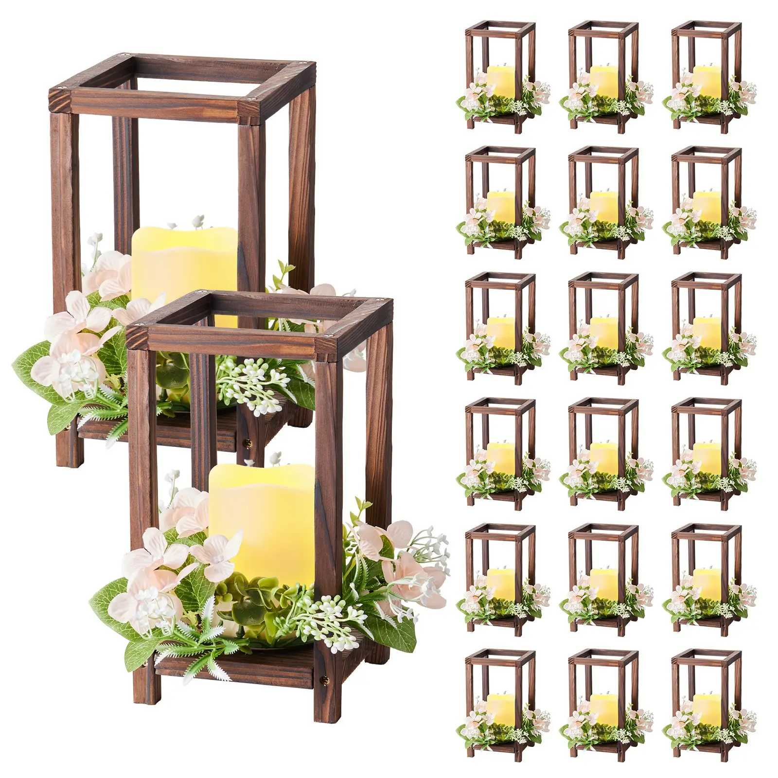 VEVOR 20 Set/60 Pcs Wooden Wedding Lantern Centerpiece, Includes 20 Wooden Lantern Candle Holder 20 Flameless LED Candle 20 Champagne Flower Wreath for Wedding Table Party Farmhouse Decor, Brown