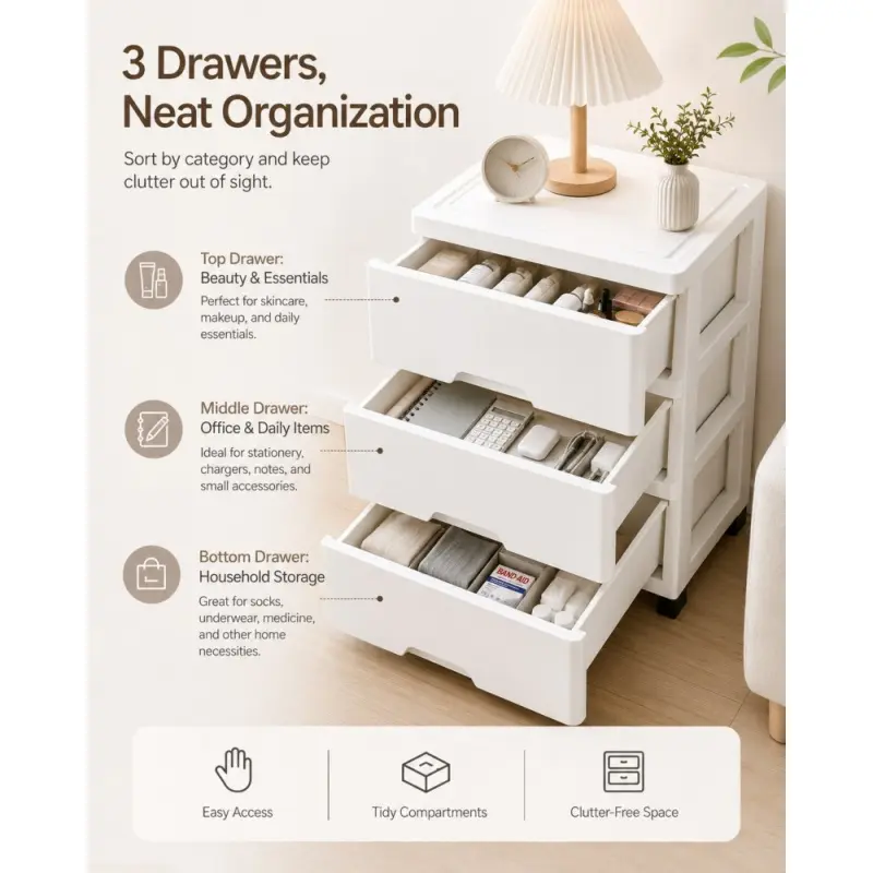 3-Tier Drawer Storage Cabinet for Household Use, Thickened Plastic Storage Cabinet, Bedside Cabinet for Organizing Cosmetics, Clothes and Toys, Multiple Storage Drawers, Organiser Storage Cabinet (DM155)