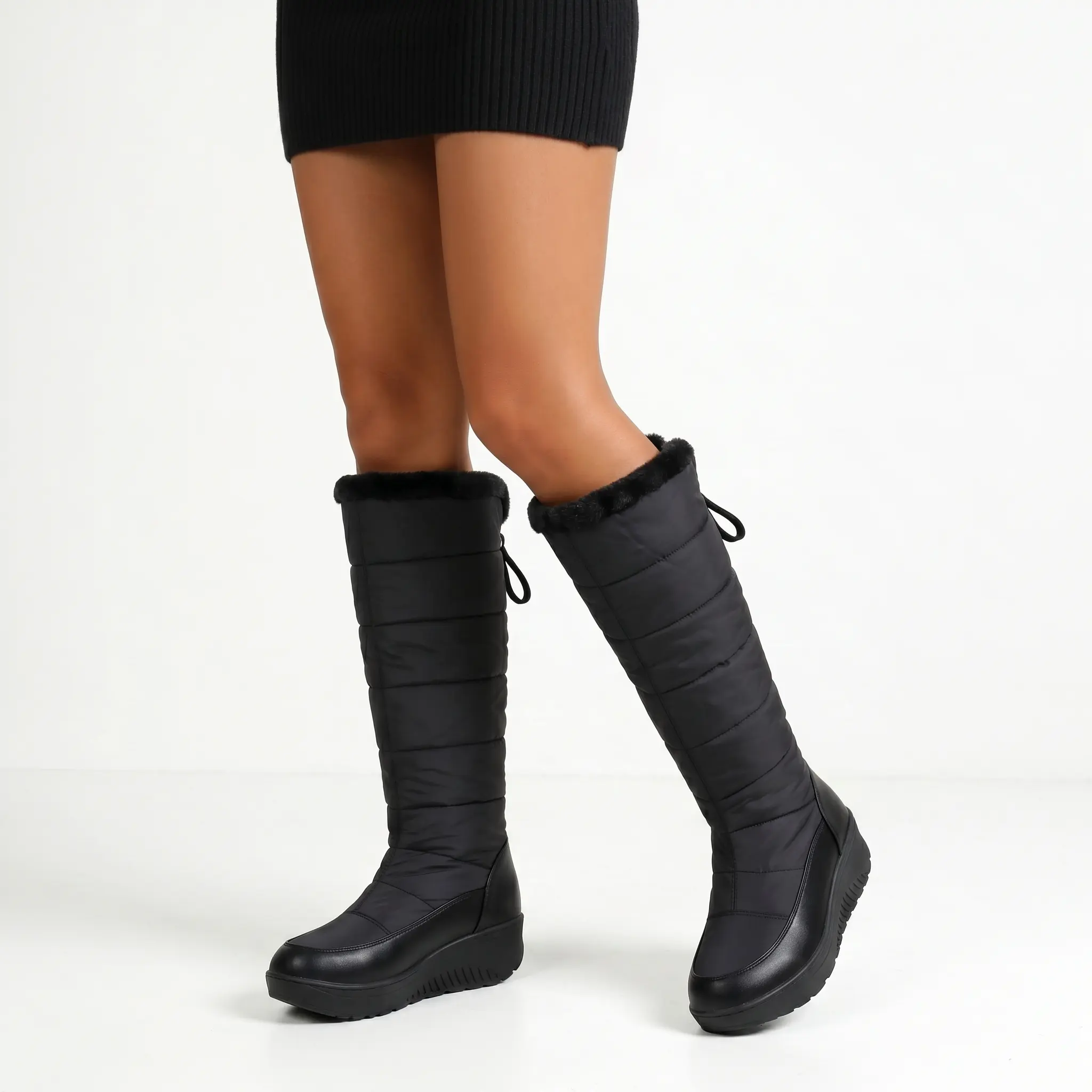 VIMISAOI Knee High Boots For Women Round Toe Wedge Heel Wide Calf Pull On Lace Faux Fur Lined Warm Plush Comfortable Fashion All Day Wear Outdoor Activities Casual Party Dress Holiday Vacation Travel Platform Booties Shoes, Footwear, Synthetic