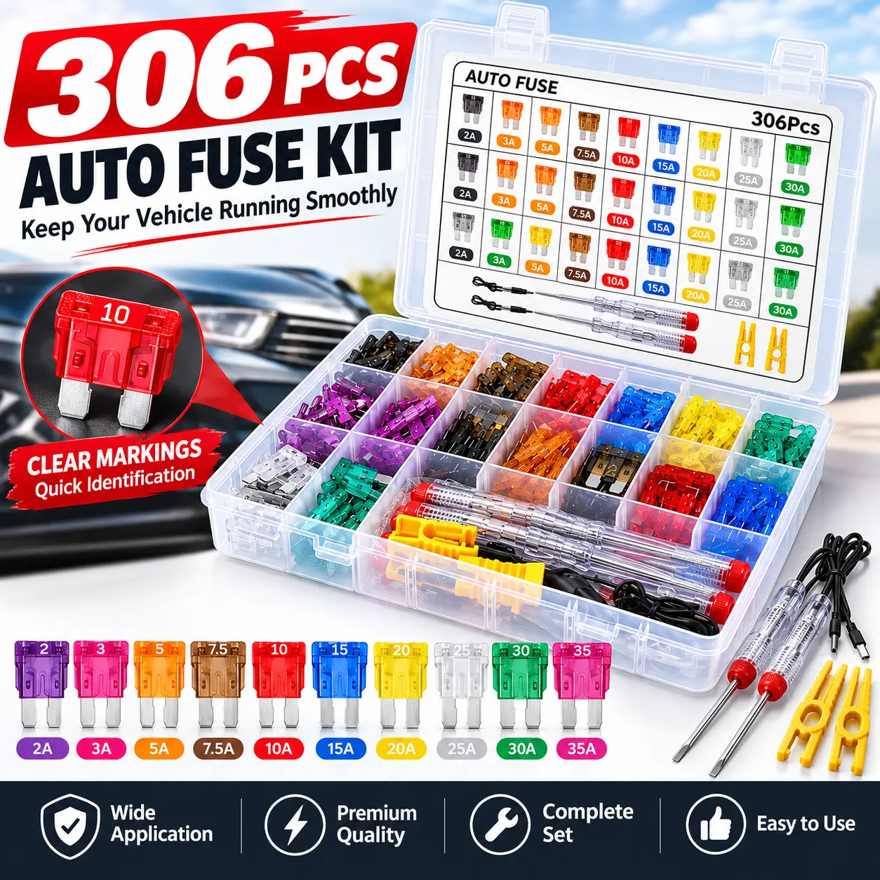 306-Piece Transparent Blade Fuse Assortment Kit - 108pcs Standard+Mini Low Profile Blades (2-35A), Puller Tool, Circuit Tester, Universal Fit for SUV, Cars, Trucks, Boats Automotive Replacement, 108Pcs Mini Fuses