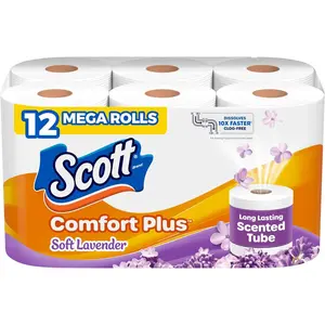 Scott ComfortPlus 1-Ply Lavender-Scented Soft Toilet Tissue with Tube, 12 Mega Rolls (310 Sheets per Roll), Septic-Safe, Heavy-Duty Multipurpose Kitchen Home Care Wipes