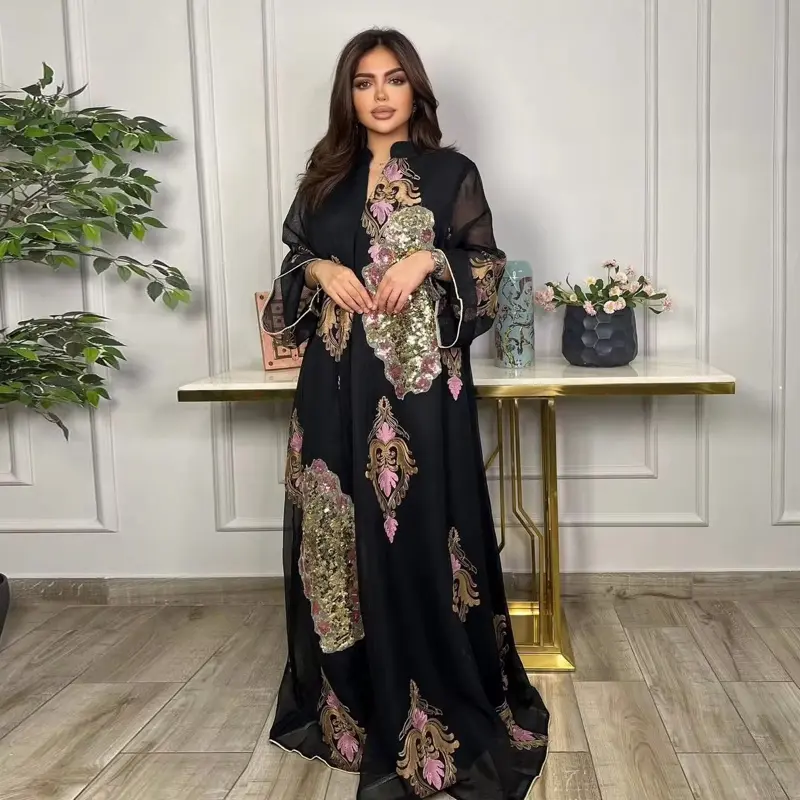 Embroidered Loose Fit Abaya Kaftan for Women, Elegant Sequin Maxi Dress with Flowy Sleeves for Evening Parties, Weddings, Modest Fashion, Abaya Fashion, Embroidery, Luxury Embroidered Design, Maxi-Length, Ramadan Gatherings, Sequin Details