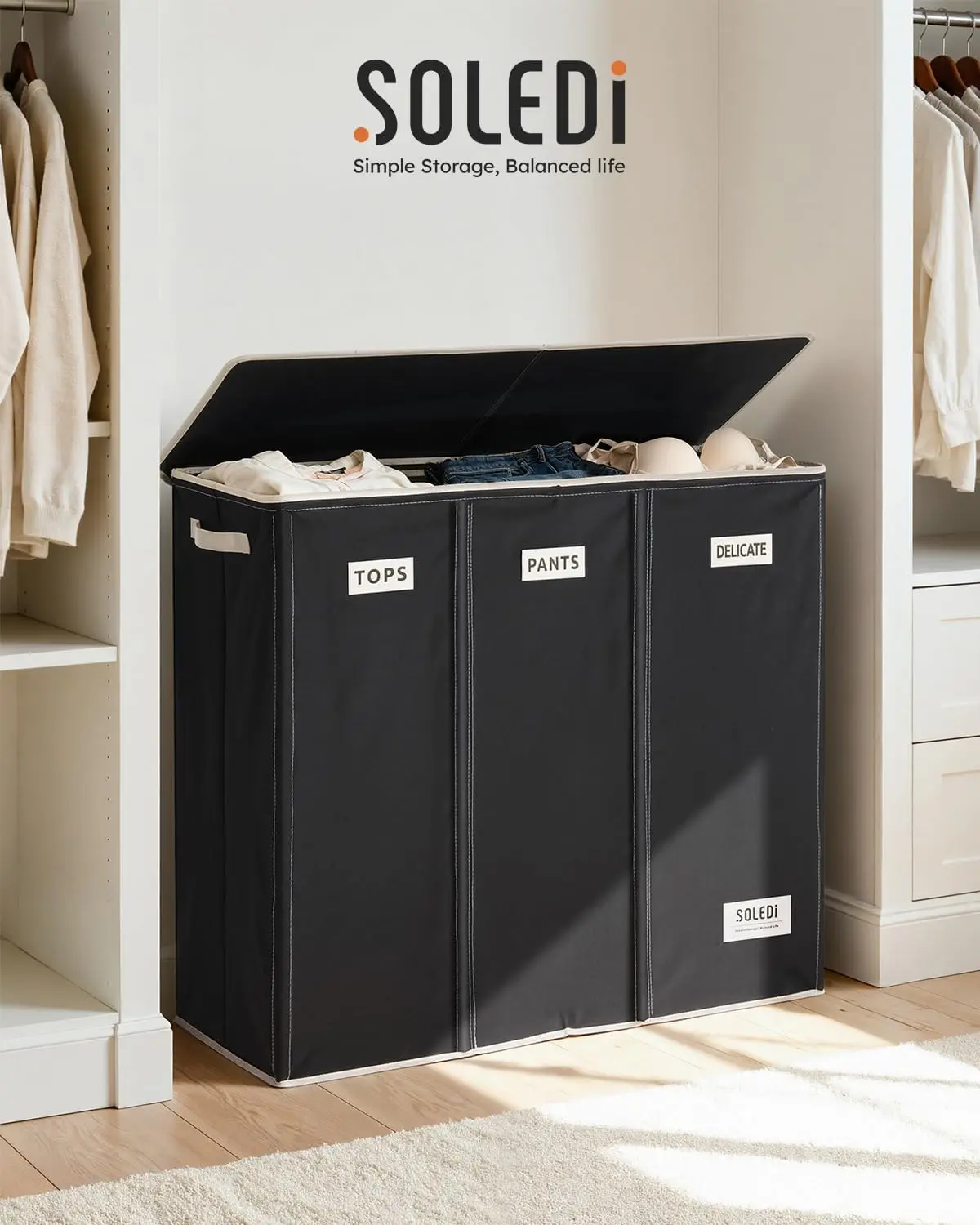 SOLEDI 200L 3-Section Laundry Hamper with Lid, Extra Large Dirty Clothes Basket with Sturdy Handles for Laundry Room & Bedroom - Durable Organizer for Sorting Laundry,Large Capacity Foldable Laundry Hamper,Collapsible Multifunctional Storage Bins Summervi