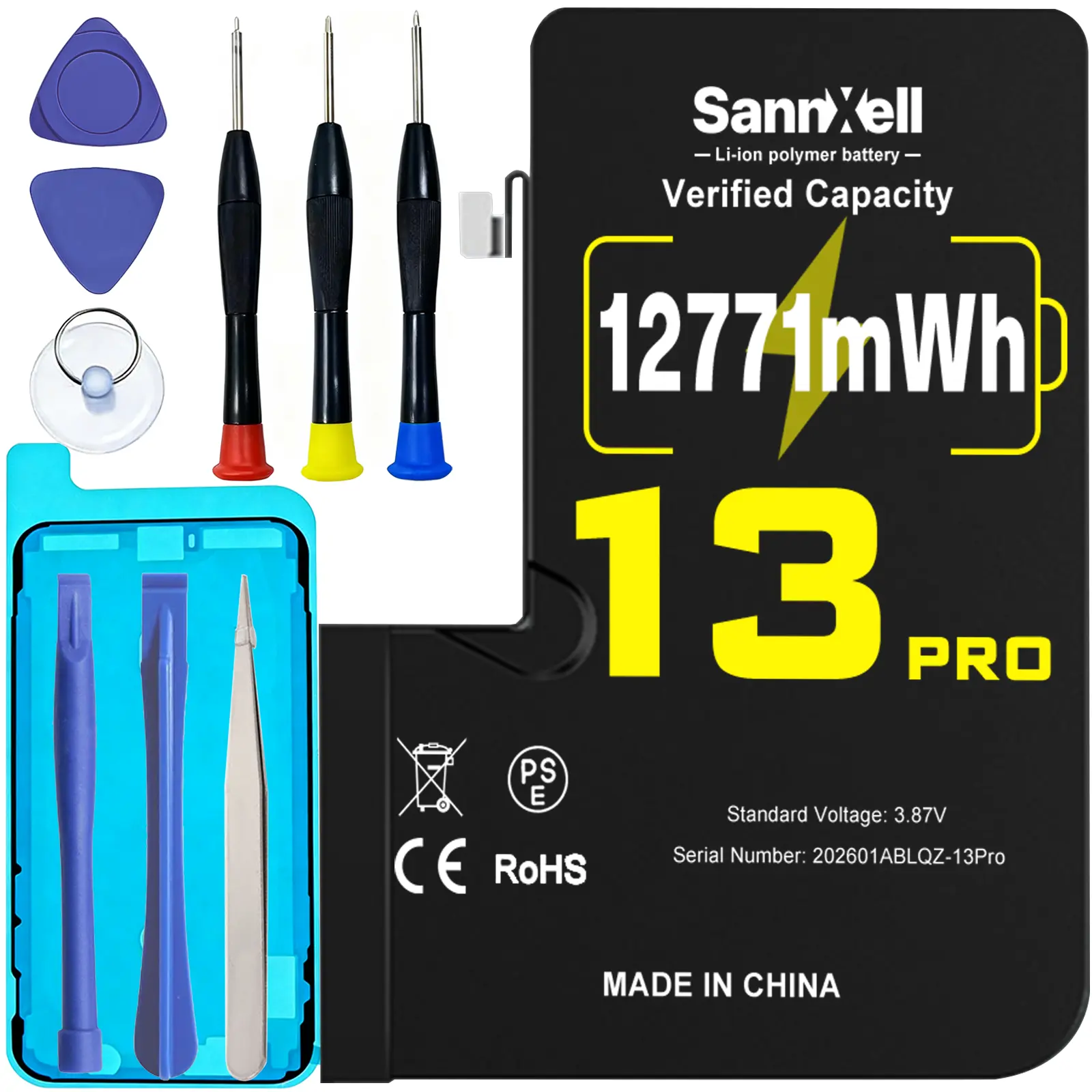 SannXell Upgraded High-Capacity Safety Cellphone Replacement Battery for iPhone 13 Pro, 12771mWh 0-Cycle Li-ion Battery for A2483 A2636 A2638 A2639 A2640 Models, with Full Repair Tool Kit (Screwdrivers) & Accessories Box, Batteries, Full Repair Kit