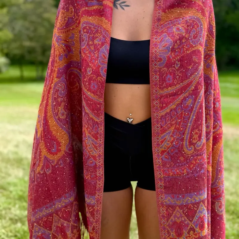 Red Multi-Color Rhinestone Pashmina Shawl