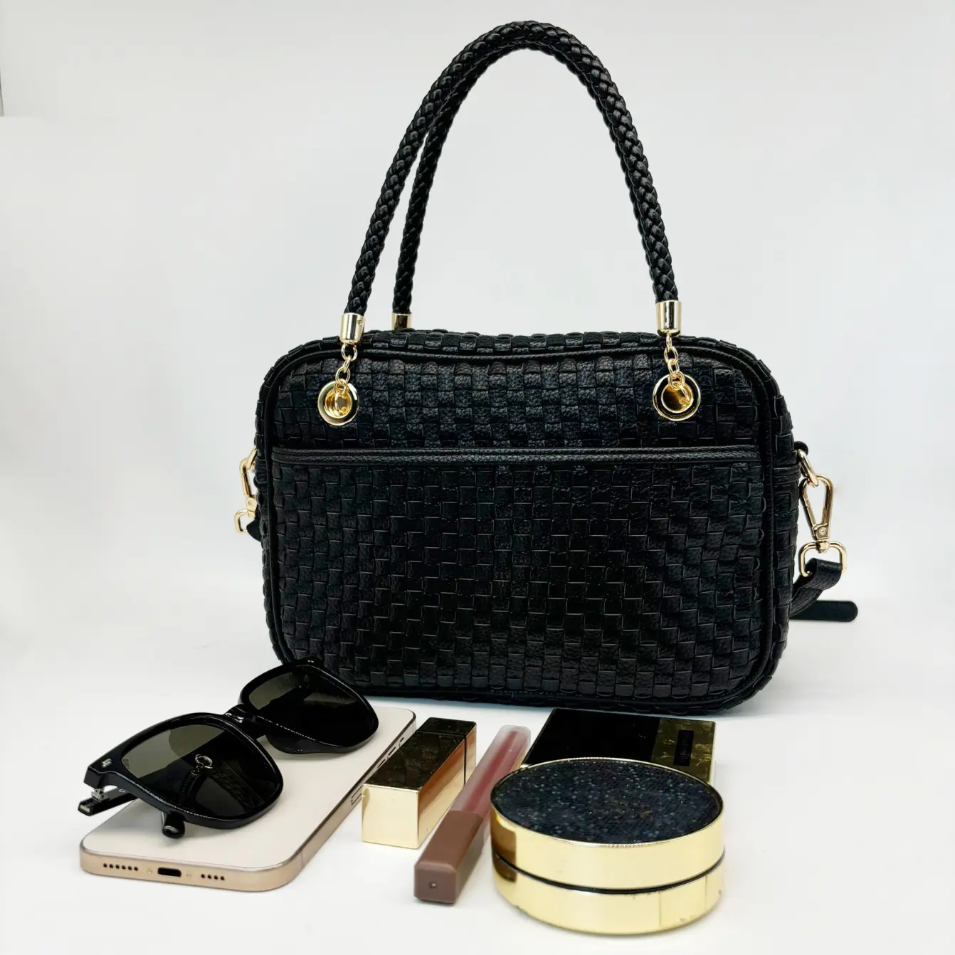 Woven Crossbody Bag Checkered Clutch Purses Underarm Shoulder Handbag Soft Vegan Leather Purse with Designer Look & Braided Handle