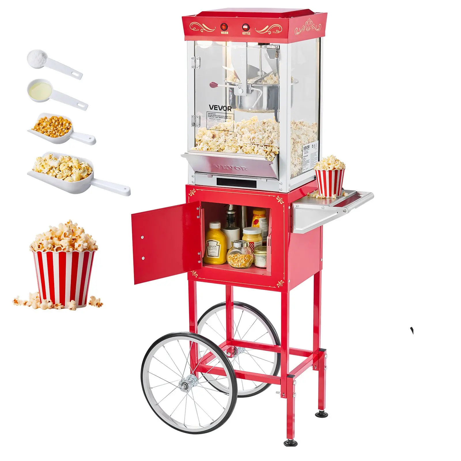 VEVOR Commercial Popcorn Machine with Cart (NP08F), 8oz Stainless Steel Kettle, 800W Vintage Popper, 48 Cups/Batch, 2-Button Control, Tempered Glass Wall, PC Door, 1 Scoop, 3 Spoons, LED Light, Red, AC120V 60Hz (US), 35 Lbs / 16 Kg Capacity for Parties, 4