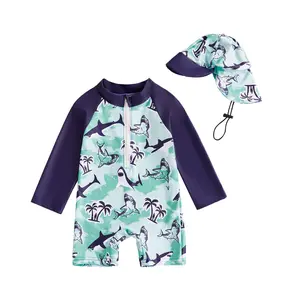 Babamoon Toddler Baby Boys Rash Guard Swimsuit Cute Shark Print Zipper Long Sleeve Bathing Suit with Swim Cap 6M-4Y
