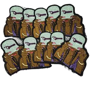 Floral Embroidery Appliques, Iron-On/Sew-On Young Queen Patch, Hand-Embroidered Stylish Sequin Floral Design with a Character in a Brown Outfit and Purple Accents, Sequin Floral Embroidery