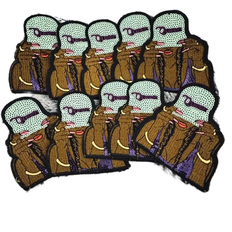 Floral Embroidery Appliques, Iron-On/Sew-On Young Queen Patch, Hand-Embroidered Stylish Sequin Floral Design with a Character in a Brown Outfit and Purple Accents, Sequin Floral Embroidery