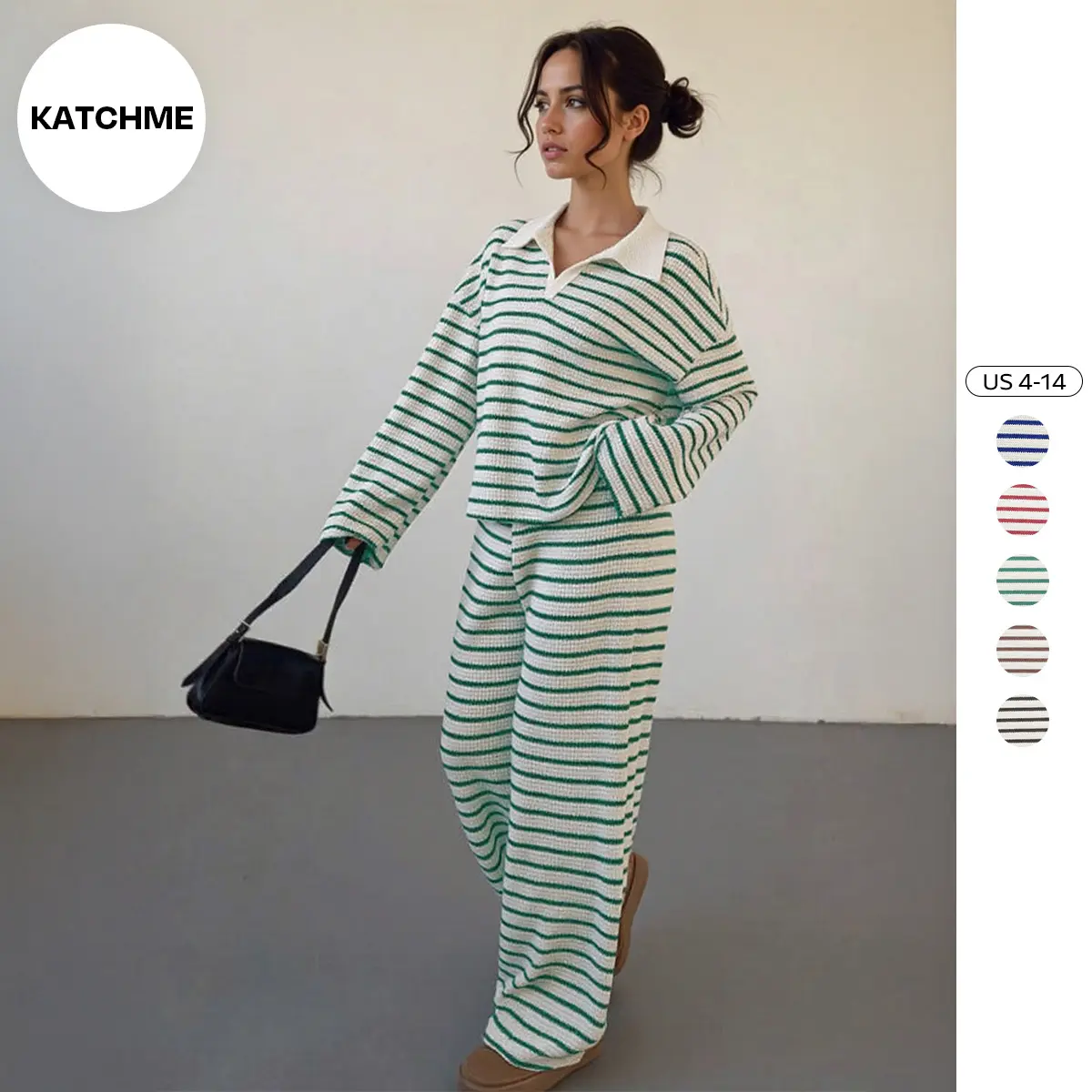 KatchMe Women's Versatile Color Matching Stripe Long Sleeve Top & Wide Leg Trousers Co-ord, Cozy V-Neck Loose Two Piece Outfits, Street Womenswear