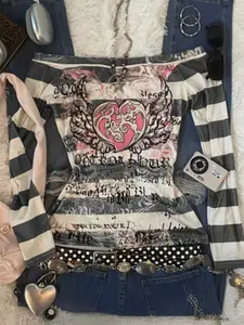 Women's Y2K Sweet Angel Heart Print, Striped One-Shoulder Long Sleeve Fitted T-Shirt, Back-To-School Season Gift, Sister Gift