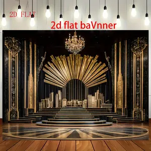 2D flat banner, tycoon biography style polyester backdrop - washable and ironable, black and gold party decoration, no power required, multifunctional design