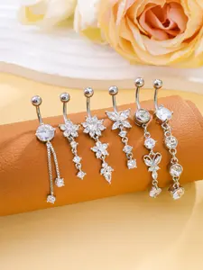 6PCS Silver/Goden Butterfly & Flower Chain Belly Button Ring Set, Stainless Steel Piercing Body Jewelry Crystal Dangle Pendant For Daily Wear Body Piercing Kit Cute Belly Button Rings