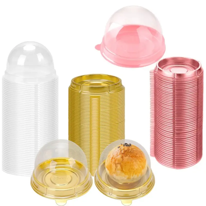 100pcs Pink & 100pcs Gold Round Transparent Dome Bakeware Pastry Boxes, Lightweight Glossy Small Disposable Plastic Tart Mousse Cupcake Containers, Dust Cover Baking Supplies for Home Baking, Catering