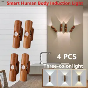 2/3/4-piece set Walnut-colored LED smart sensor charging wall lamp, LED Decoration Lamp, suitable for corridors, kitchens, wardrobes, and bedrooms
