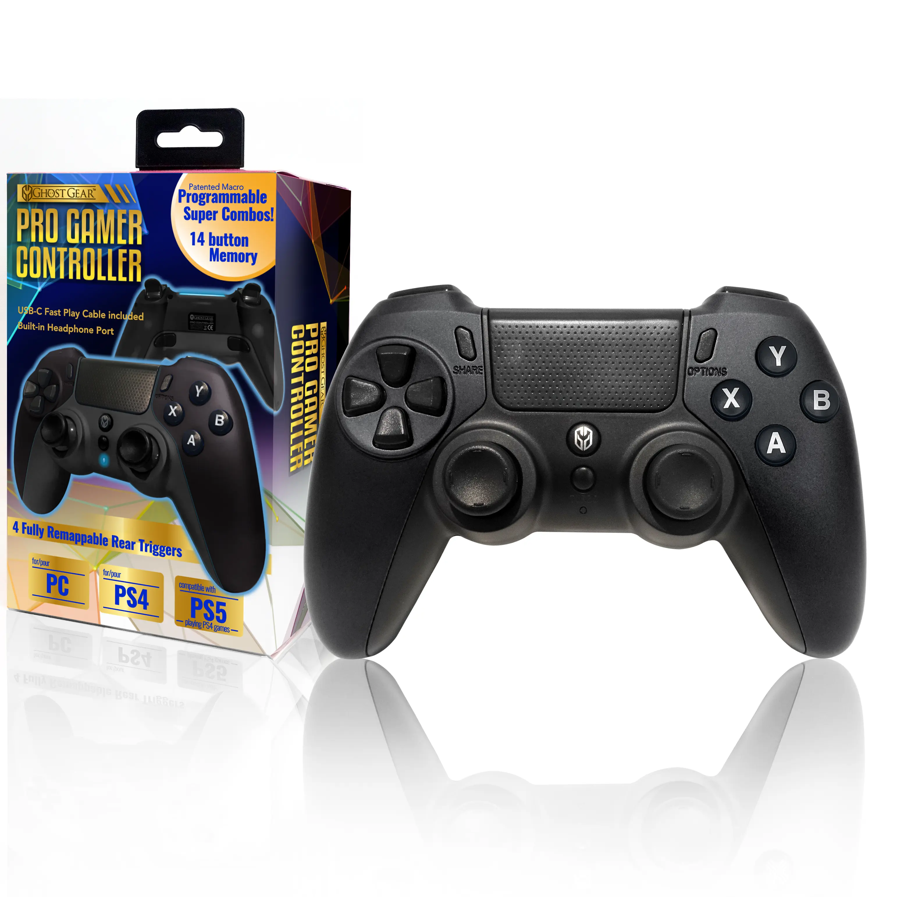 Ghost Gear PS4 Wired Pro Controller Metallic Black - High-Speed USB-C, Four Programmable Rear Triggers, 14-Button Command Recording & Playback, Compatible with PS4/PS5/PC - Turbo