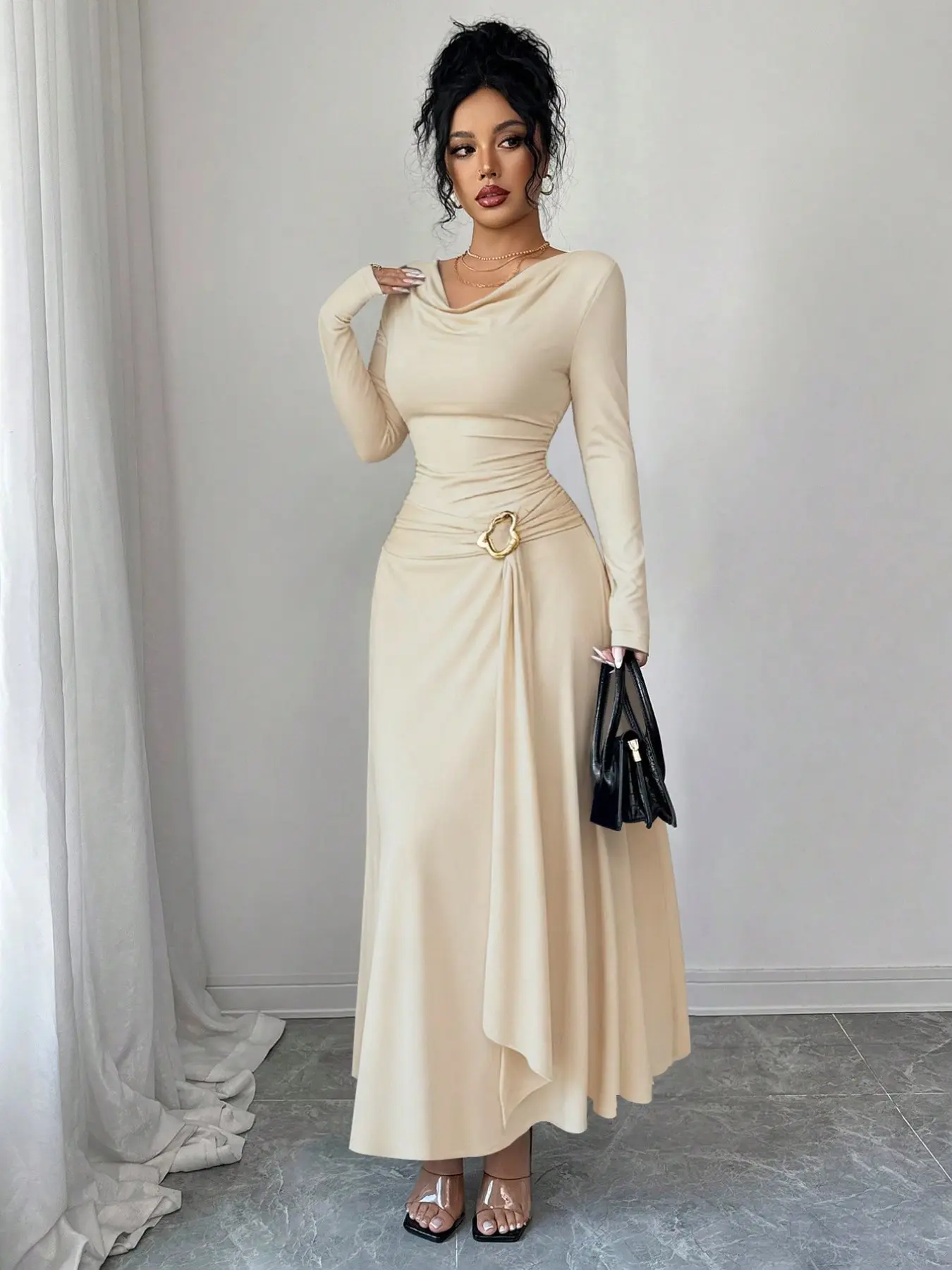 New Women's Long Sleeve Dress with Lapel Design, Metal Button Waist, A-Line Fall Winter Casual Elegant Chic Dress, All Seasons Wear, Elegance, Fit, Metallic, A Line Dresses