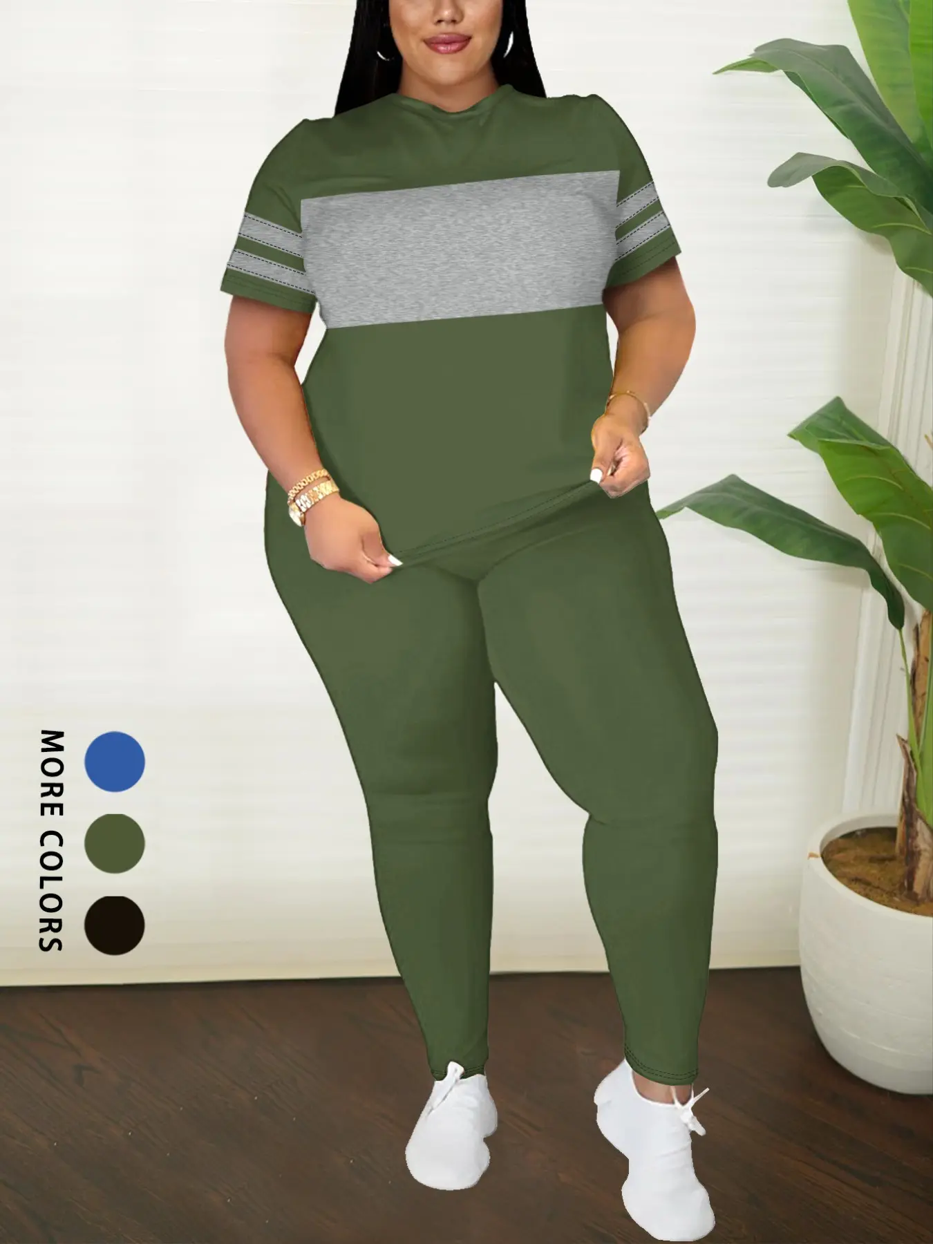 Plus Size Women's 2 Piece Matching Summer Set Outfit, Fitted and Stylish for Work and Casual Events, Perfect for Spring and Fall, Patchwork Short Sleeve Top, Clothes, Pants Set Outfit