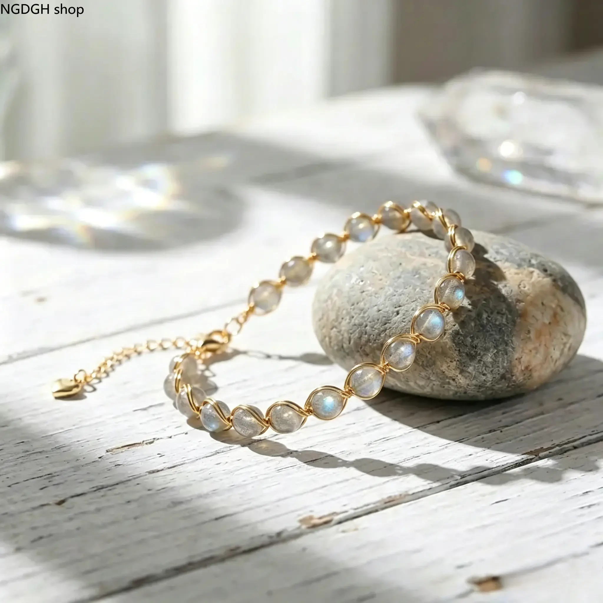 Natural Moonstone Wire-Wrapped Bracelet | 14K Gold-Filled Wire-Wrapped Bangle | 5mm Beaded Bohemian-Style Jewelry Perfect for Daily Yoga Meditation Summer Vacation Festival & Boho Chic Layering Looks