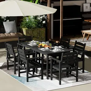 ANBUY Patio HDPE Dining Table Set 7-Piece Outdoor Furniture 2 in 1 Table & 6 Chairs for Garden Backyard Poolside Durable All-Weather Design Easy Assembly