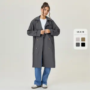 Women's Elegant Solid Color Notch Lapel Double Breasted Detachable Belt Trench Coat, Fall & Winter Wrap Tie Waist Outerwear Jacket, Mid-Length Trench Coat