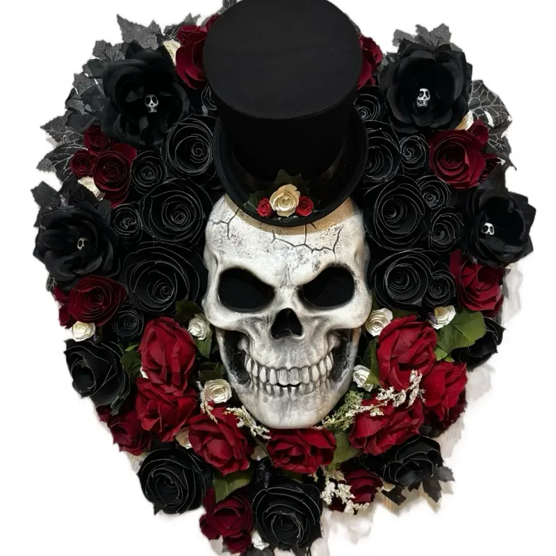 Handcrafted Paper Floral Wreath with Skeleton Hat Center Purple Lights Red Black Cardstock Roses Halloween Decor