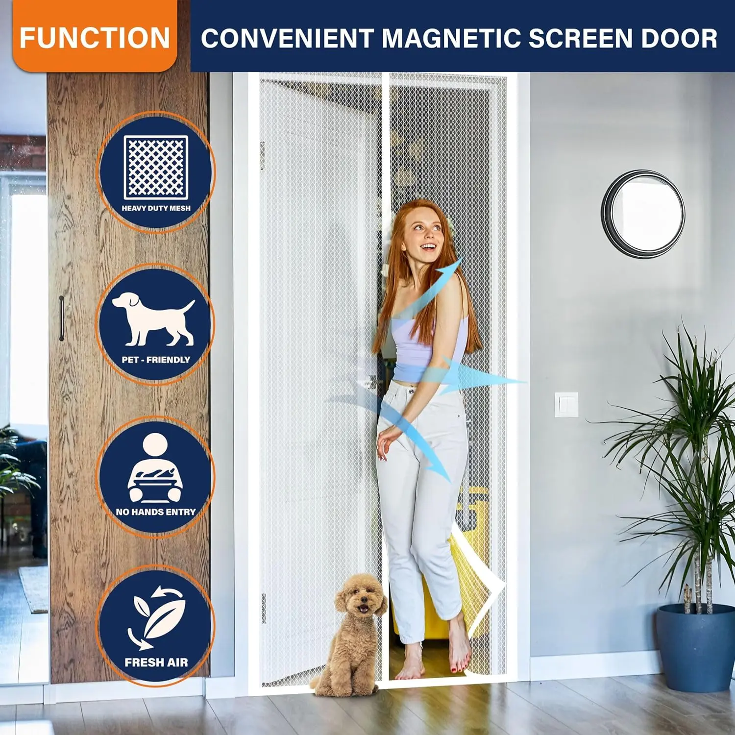 Magnetic Screen Door Walk Through Mesh Screen with Magnetic Closure White
