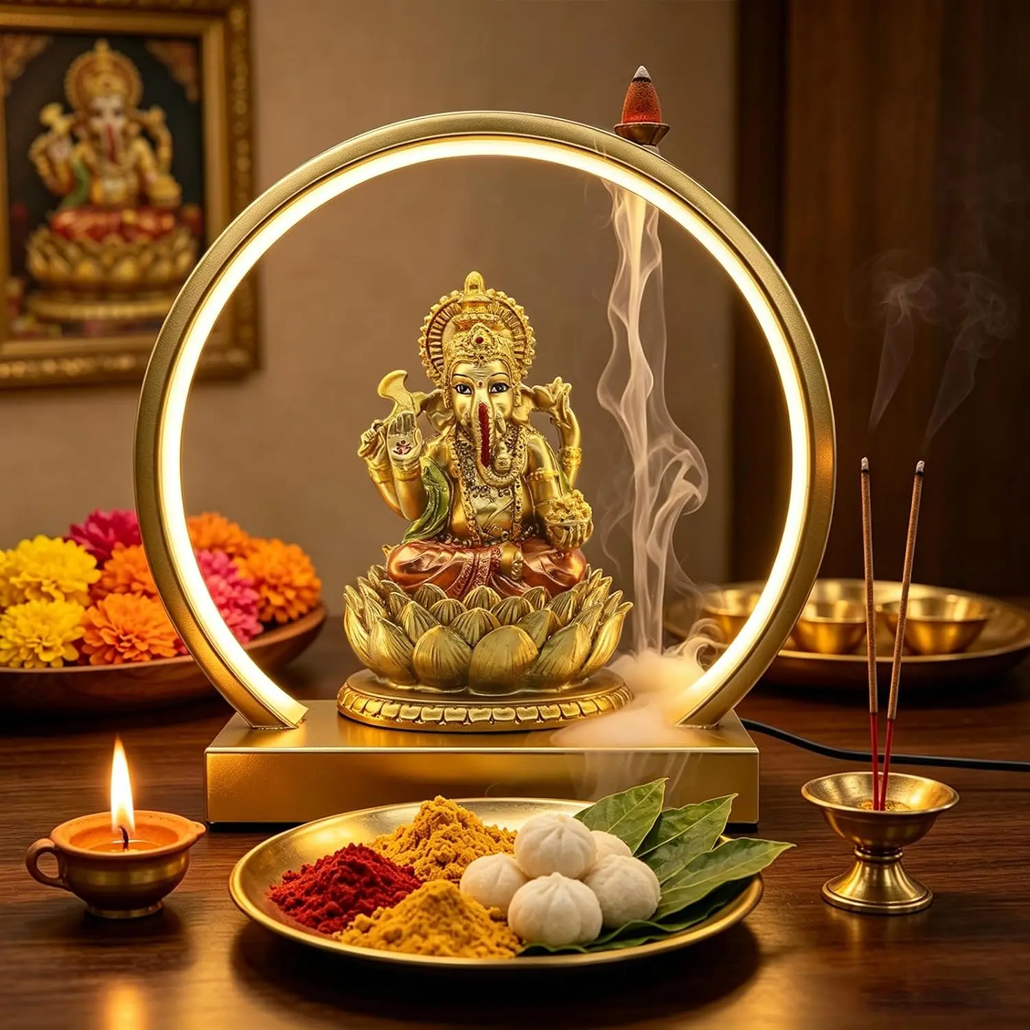 Diwali Light with Lord Ganesha Murti & Backflow Incense Burner Diwali Gift | 10"H Resin Indian Ganesha idol Statue w/ USB LED Diwali Light Diwali Pooja Decor Waterfall Smoke Hindu God Ganpati Puja Item