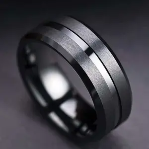 1 pc Men's Fashion 8mm Black Tungsten Ring, Stainless Steel Double Black Groove, Beveled Edge, Engagement, Wedding Ring
