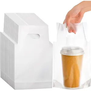 500 PCS Clear Handle Drink Poly Bags, Plastic Drinking Packaging Bag for Delivery, 7.8" L x 11" H Hanging Hole Cup Carrier Holder Container with Handle for 33 OZ Single Cup, Take Out, Beverage