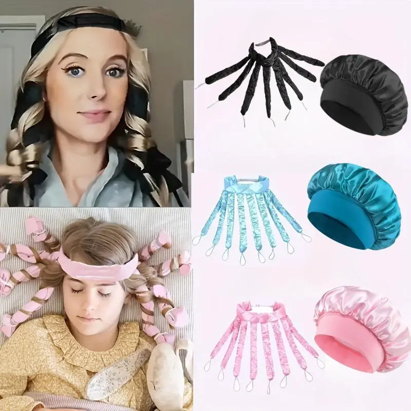 2pcs Hair Curler Headband for Long Hair, Satin Heatless Curling Rod with Adjustable Strap Overnight No Heat Curling Roller for Women and Waves and Curls, Extra Large Satin Bonnet Hair Cap, Bonnet for Sleeping, Jumbo Sleep Cap for Wom