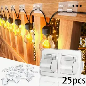 Waterproof Hooks, Wall Hanging Fastener, 25pcs Transparent Plastic Hooks for Outdoor String Lights, No Drilling Cable Clips, UV Resistant Adhesive Wire Clamps