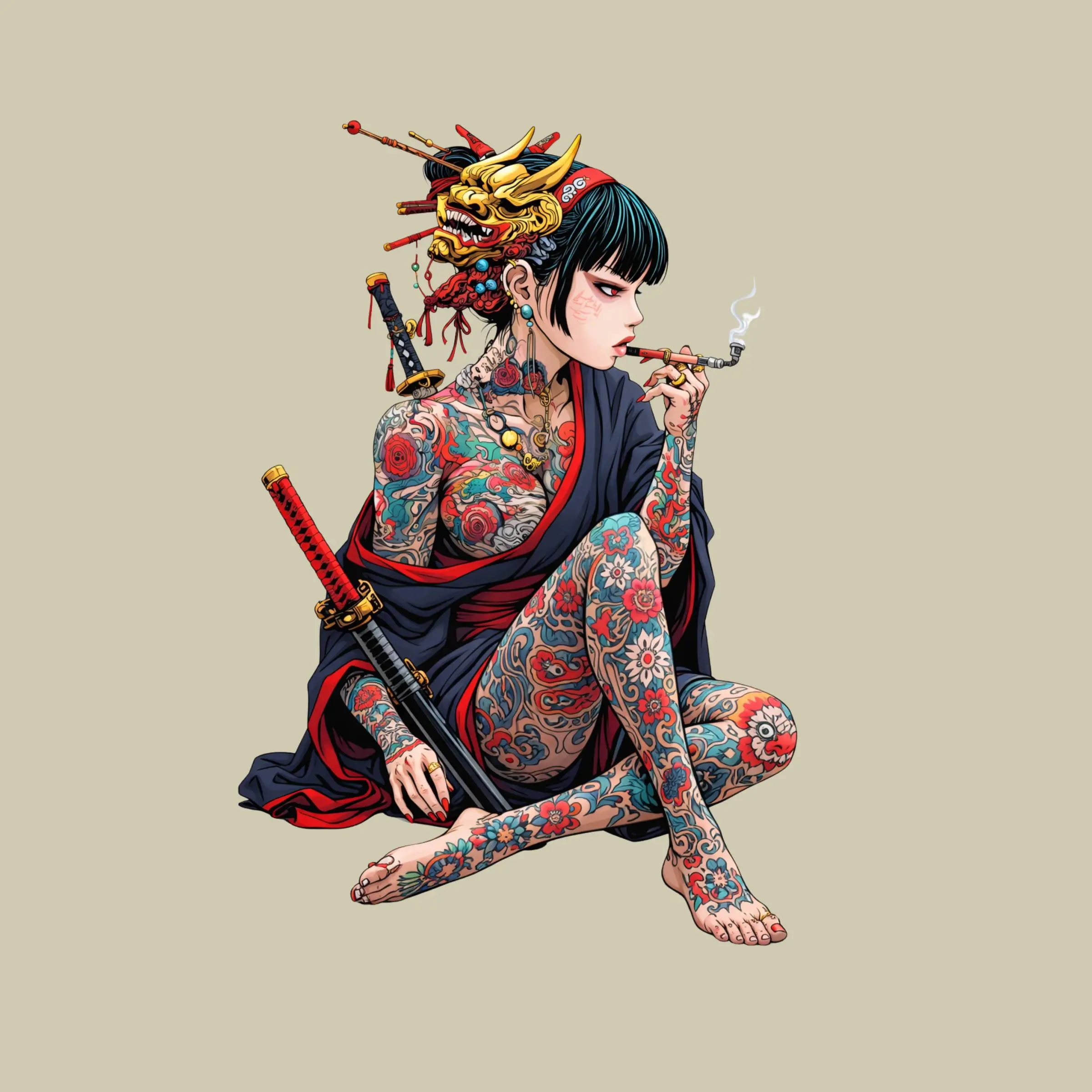 Irezumi Geisha Samurai Sticker, Full Body Tattoos, Katana Warrior, Japanese Ink Style