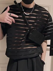 INCERUN Mens Mesh Sheer Short Sleeve Crewneck Tops T-shirt Fitted Casual Streetwear Loose Shirt Blouse Plus Tee Menswear