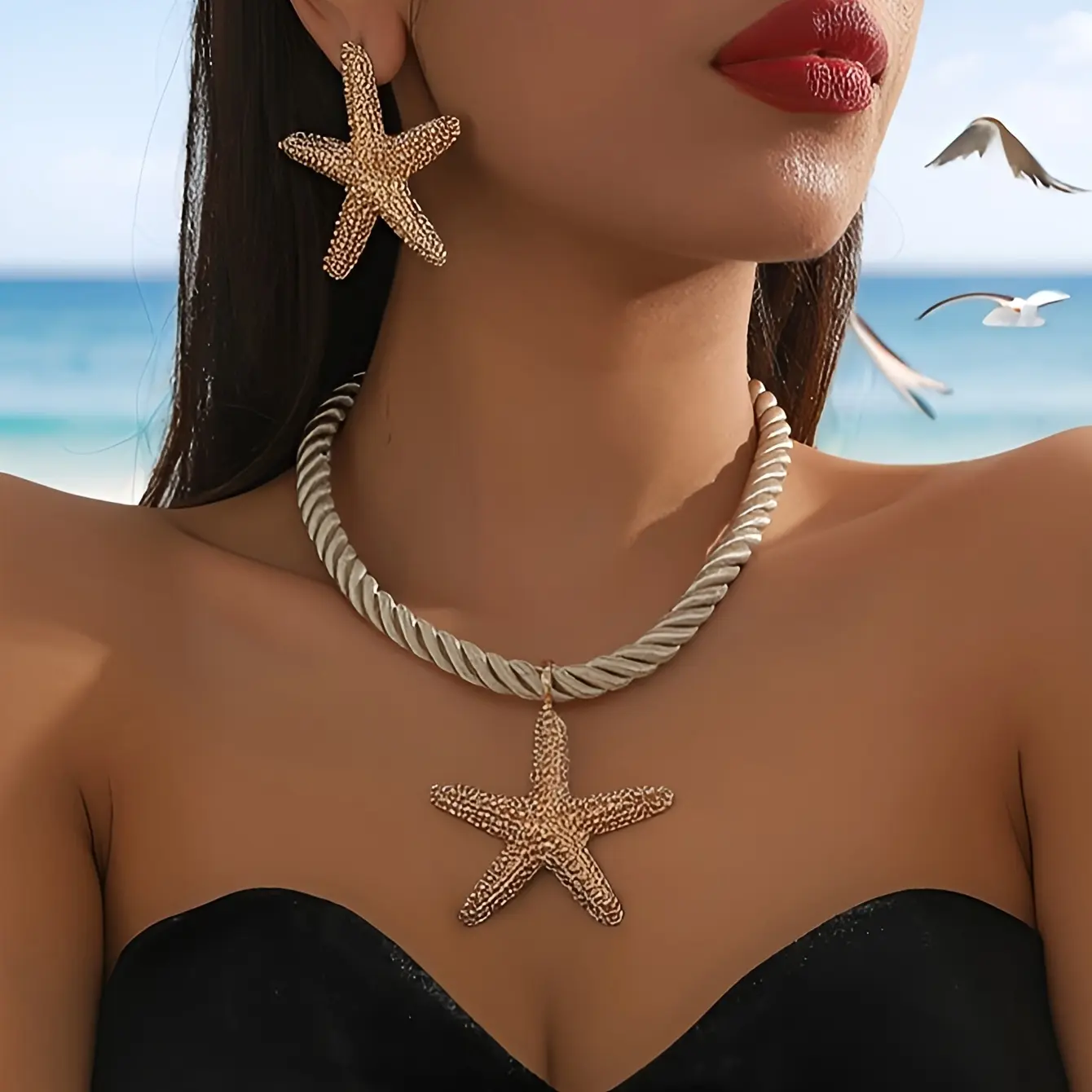 3Pcs/Set Exquisite Starfish Pendant Necklace Bohemian Chic Starfish Drop Earrings Set Vintage Handmade Exaggerated Golden Starfish Pendant Braided Necklace Weddings, Proms, Music Festivals, and Holiday Wear Accessories