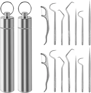Toothpick pocket set, dental floss stick set reusable, stainless steel teeth cleaning tool, tooth extractor for oral hygiene travel (2 sets)