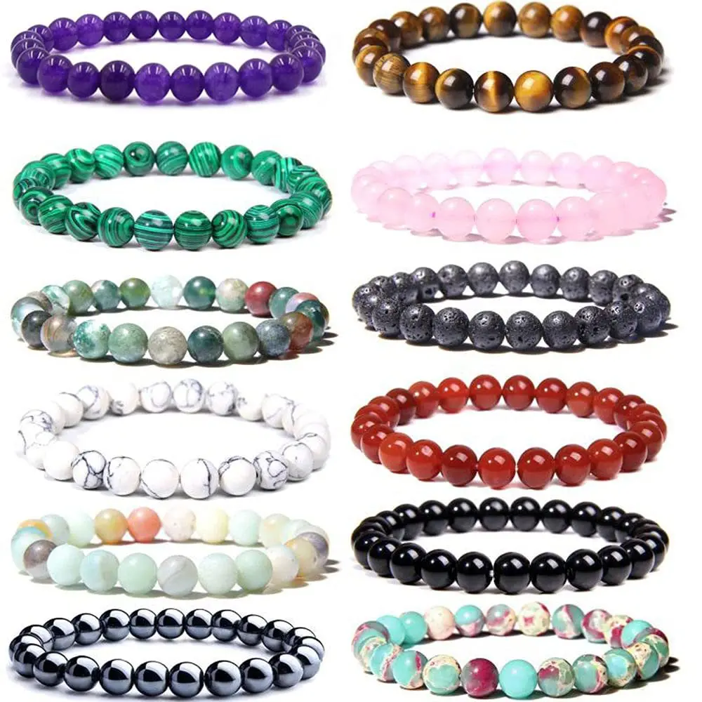 12pcs 8mm Natural Tiger Eye Stone Agate Semi-Crystal Round Beaded Stretch Bracelet - Unisex Adult Holiday Simple Gifts, Festive Party Supply for Birthday