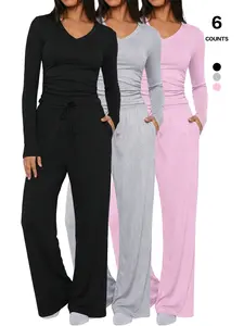 2026 Women's 2 Piece Lounge Set V-Neck Fitted Long Sleeve Top and Drawstring Wide Leg Pants Pajama Nightwear Set Casual Loungewear