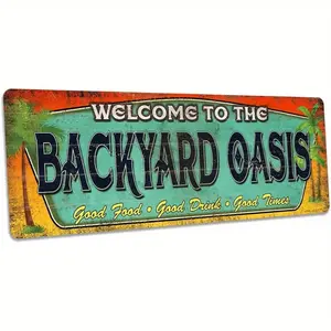 Vintage Style Backyard Oasis Metal Welcome Sign, Retro Tropical Palm Trees Sunburst for Patio Poolside BBQ Area Decor, Vintage Plaque Decor