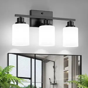 3-Light Vanity Light for Bathroom, Black Wall Sconces with Frosted Glass Shades, Wall Lamp for Living Room and Bedroom, E26 Base (Bulbs Not Included)