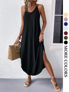 Women's Plain V-Neck Sleeveless Spaghetti Strap Black Dress, Loose Fit Hidden Fat Covering Irregular Hem Split, Fashion Slimming Casual Chic Sleeveless Long Dress