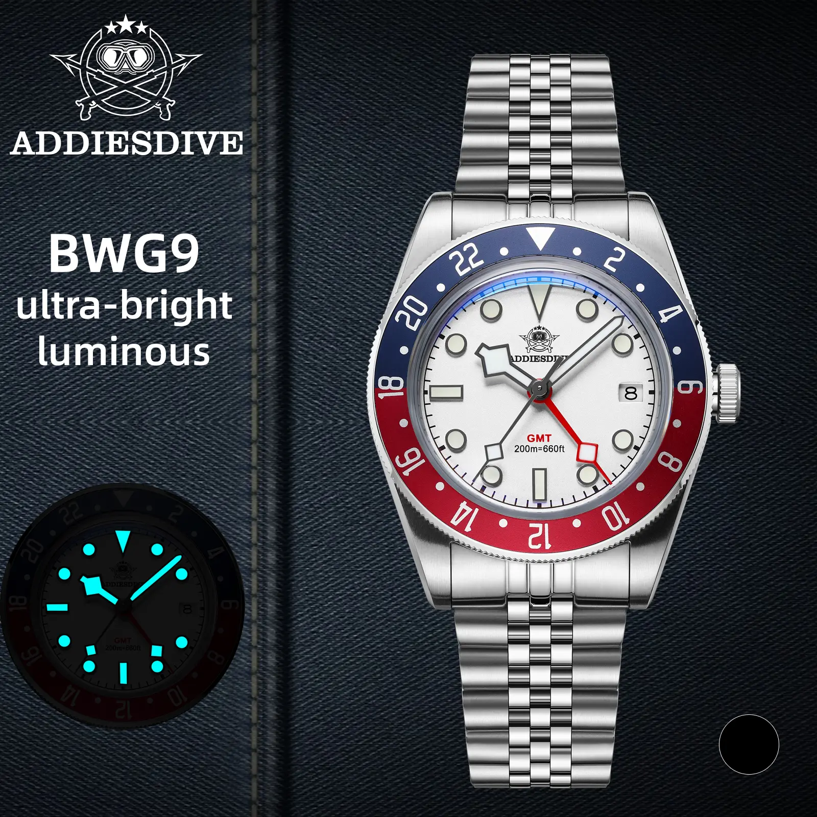 ADDIESDIVE Quartz GMT Watches for Men Luxury Business Casual Watch - 39mm 200m-Waterproof Super Luminous Stainless Steel Date Men's Watch iron clips