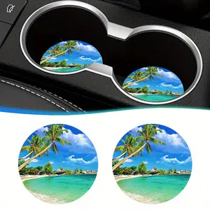 2pcs Hawaiian Tropical Beach Palm Design EVA Car Coasters - Waterproof Non-Slip Vehicle Cup Holder Inserts, Heat Resistant Desk & Bar Coasters Set