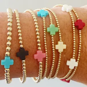 Beaded Bracelet with Cross Accents Gold Bead Design Featuring Colorful Crosses for Stylish Layering Daily Wear Jewelry Accessory