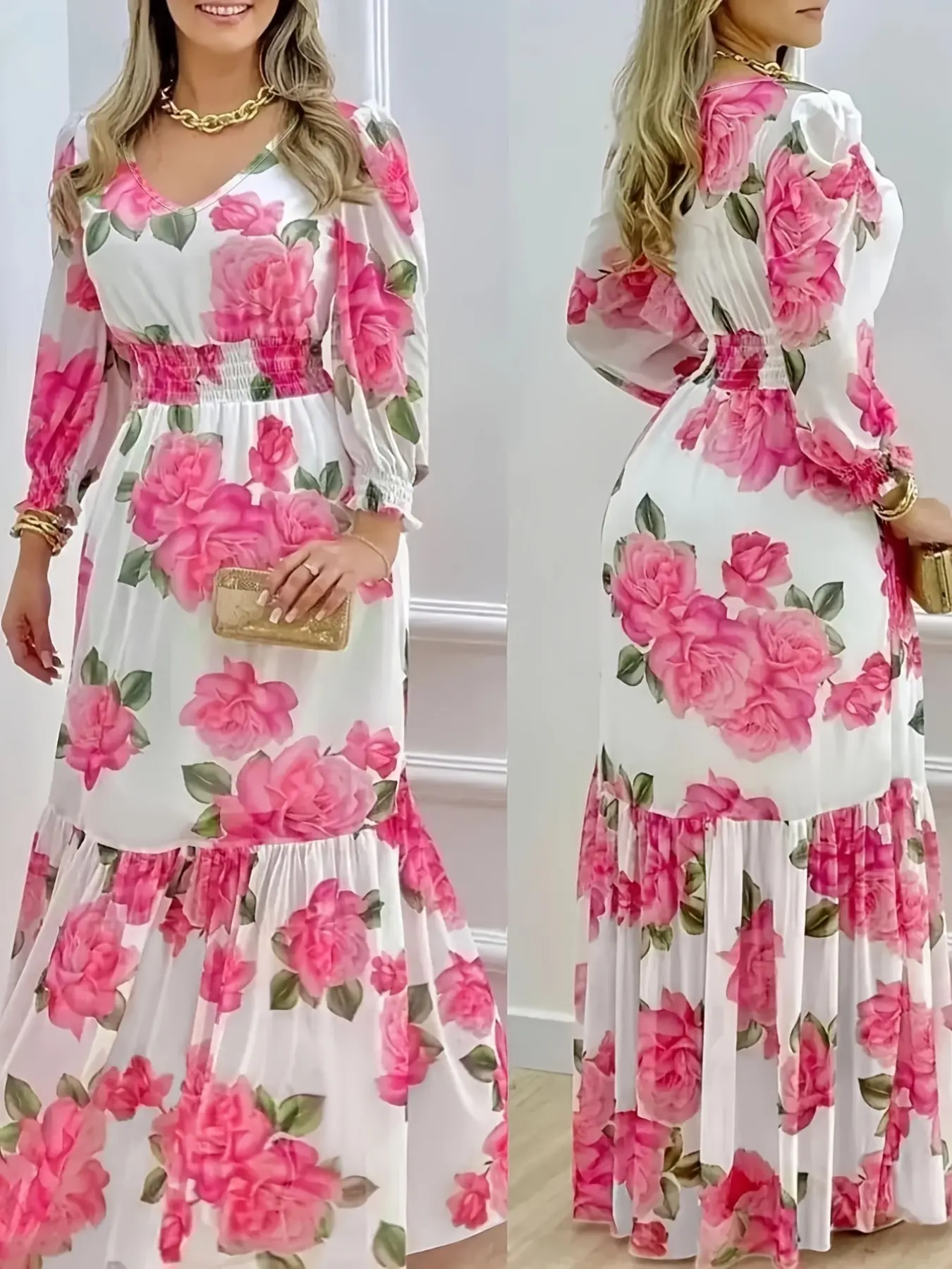 Vintage Rose Large Flower Elastic Waist Vacation Style Ankle Length Dress, Floral, Elegant Summer Fashion, Women's Casual Wear, Womenswear