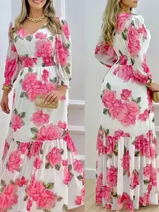 Vintage Rose Large Flower Elastic Waist Vacation Style Ankle Length Dress, Floral, Elegant Summer Fashion, Women's Casual Wear