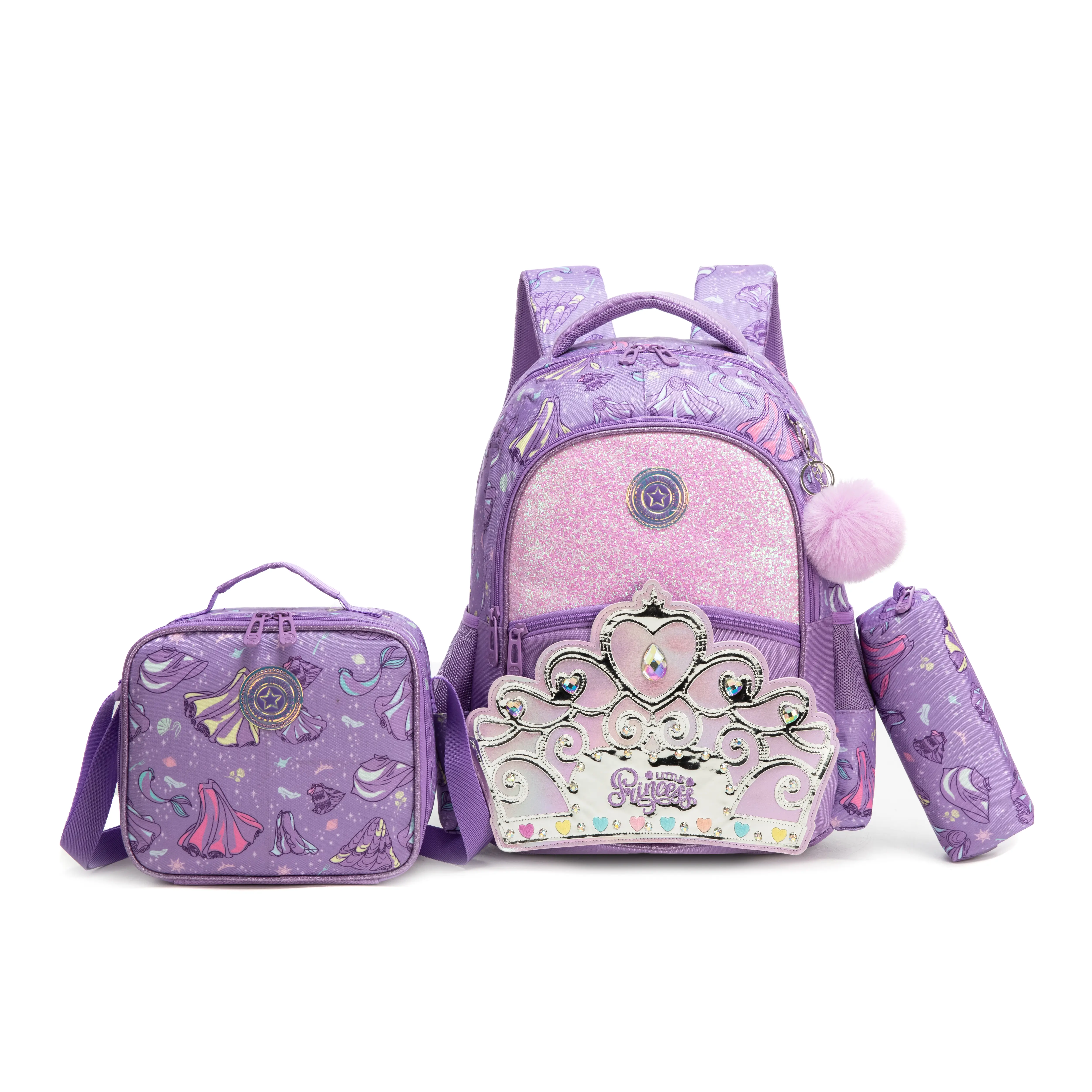 Backpack Set for Girls, 3-Piece Purple Princess Fun Print, Ergonomic Lightweight School Bag with Compartments, Lunch Bag & Pencil Case, Colorful Backpacks, Cute Badge Backpacks