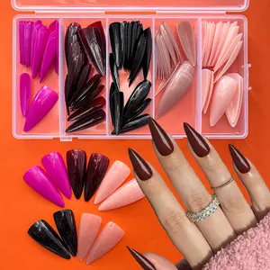 5 Packs 120Pcs Stiletto Press on Nails Stick on Nails Extra Long Fake Nails All Black Burgundy Glossy False Nails with Designs Full Cover Solid Color Deep Skin Almond Artificial Reusable on Nails for Women Nail Art Supply